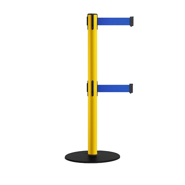 Montour Line Retractable Dbl Belt 2.5" YW Post , Low Base, 11' Blue Belt - S400D-YW-BL-110