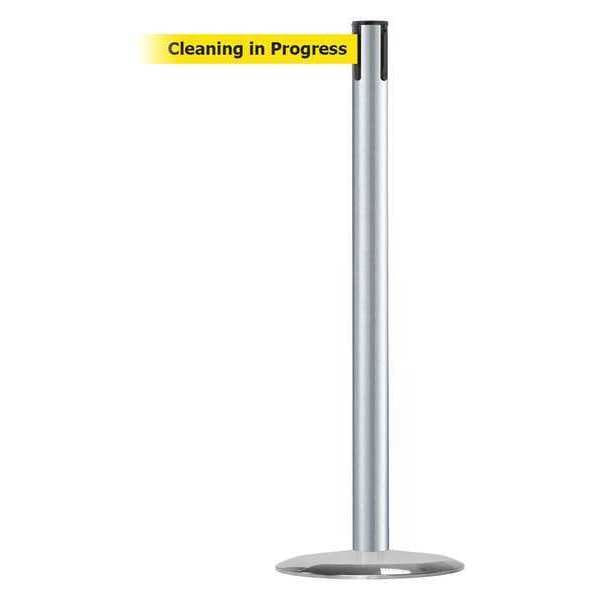 Tensabarrier Barrier Post with Belt, 13 ft Length, 38 in Post Height, Cleaning in Progress, Satin Chrome - 889U-1S-1S-MAX-NO-YCX-C