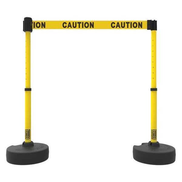 Banner Stakes Barrier Post with Belt, Yellow, 15 ft Length, 22 in to 42 in Adjustable Post Height, Caution - PL4282