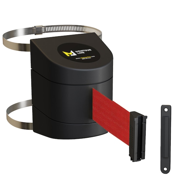 Montour Line Retractable Belt Barrier Black Clamped Wall Mount, 9ft. Red Belt (F) - PWM200-BK-RD-C-S-90