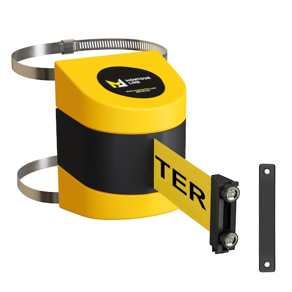 Montour Line Retractable Belt Barrier Yellow Clamped Mount, 25ft. Cau.Belt M - WMX160-YW-CAUYB-C-M-250