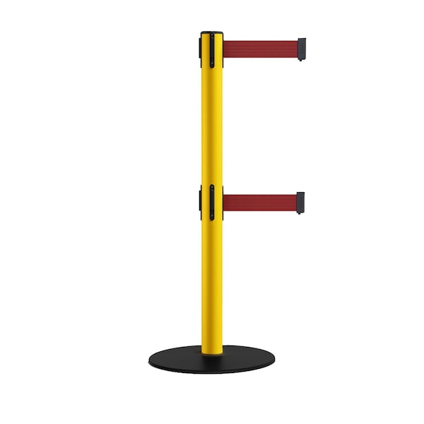 Montour Line Retractable Dbl Belt 2.5" YW Post , Low Base, 9' Maroon Belt - S400D-YW-MN-90