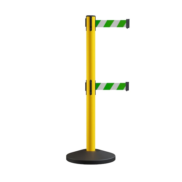 Montour Line Retractable Dbl Belt Rolling Stanchion, 2.5in YW Post  7.5'Grn/Wh Belt - ES400D-YW-GWD-75