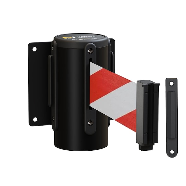Montour Line Retr. Belt Barrier Removable Black Metal Wall Mnt 11ft. Rd/Wh Belt (M) - WM115-BK-RWD-RM-M-110