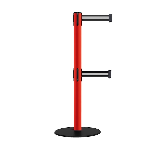 Montour Line Retractable Dbl Belt 2.5" Red Post , Low Base, 7.5'Bk/W H Belt - S400D-RD-BWH-75