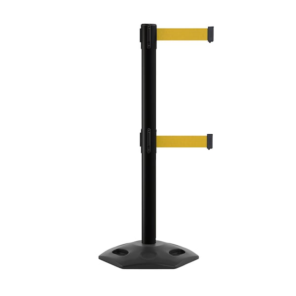 Montour Line Stanchion Dual Belt Barr. Rubber Base Black Post 9ft.Yellow Belt - P400DRB-BK-YW-90
