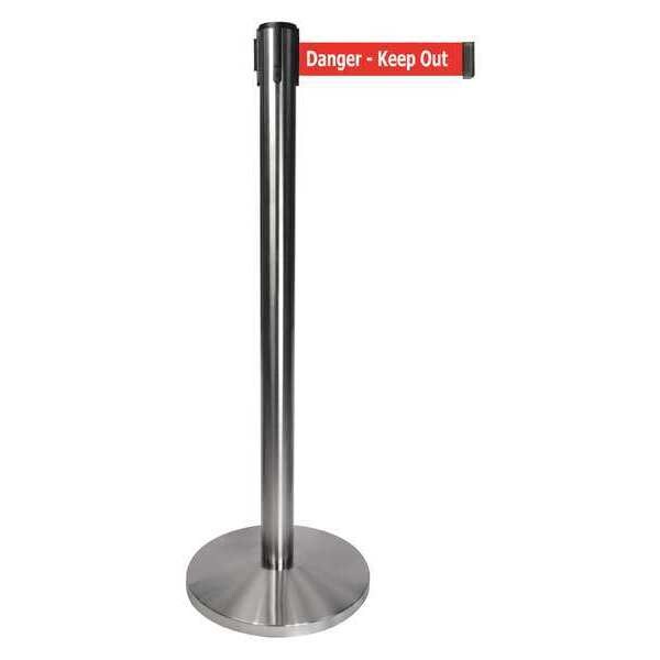 Queueway Barrier Post with Belt, Gray, 10 ft Length, 40 in Post Height, Danger Keep Out, Satin Chrome - QPLUS-1S-RH