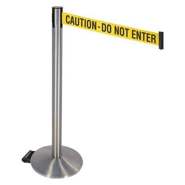 Retracta-Belt Barrier Post with Belt, Gray, 10 ft Length, 40 in Post Height, Caution Do Not Enter, Satin Chrome - 334SASS-CAU