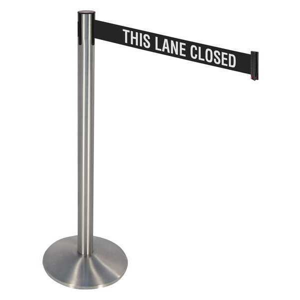 Retracta-Belt Barrier Post with Belt, Silver, 10 ft Length, 40 in Post Height, This Lane Closed, Stainless steel - 330SS-TLC