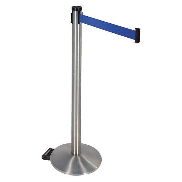 Retracta-Belt Barrier Post with Belt, Silver, 10 ft Length, 40 in Post Height, No Legend, Stainless steel - 304SS-BL