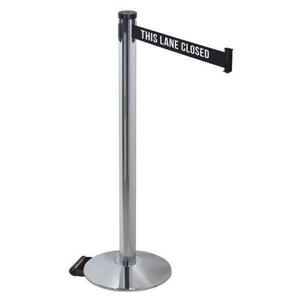 Retracta-Belt Barrier Post with Belt, Gray, 10 ft Length, 40 in Post Height, This Lane Closed, Polished chrome - 304PAPC-TLC