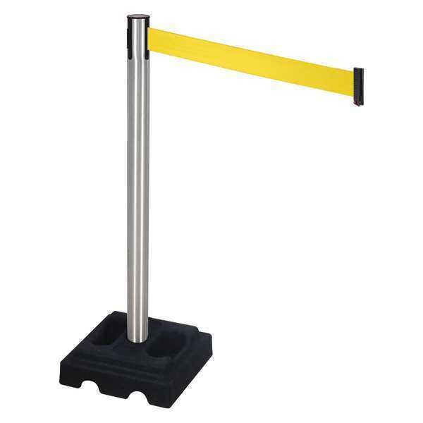 Retracta-Belt Barrier Post with Belt, Silver, 10 ft Length, 40 in Post Height, No Legend, Satin - 332SA-YW