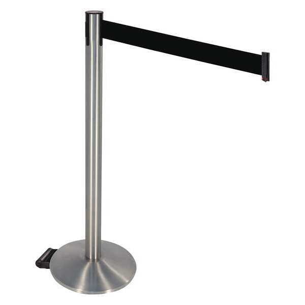 Retracta-Belt Barrier Post with Belt, Silver, 10 ft Length, 40 in Post Height, No Legend, Stainless steel - 334SS-BK