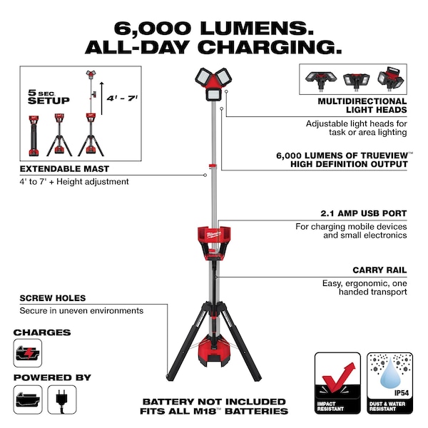 Milwaukee Tool Cordless Tripod Light, M18 Battery, Rocket Series, 84 in Max Height, 6,000 Lumens, 10 Hour Run Time - 2136-20