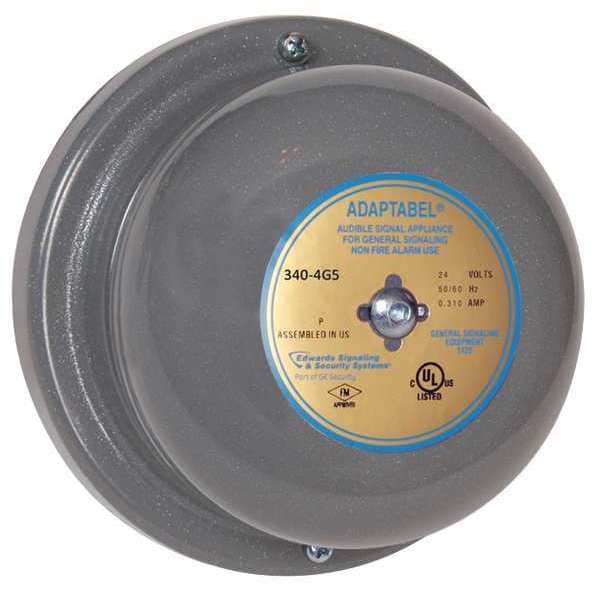 Edwards Signaling Vibrating Bell, Continuous, 24V AC, 88 dB, Steel, Surface Mount, 4.5 in Diameter, Indoor/Outdoor - 340-4G5