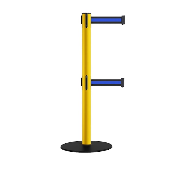 Montour Line Retractable Dbl Belt 2.5" YW Post , Low Base, 9' Bk/Bl Belt - S400D-YW-BBH-90