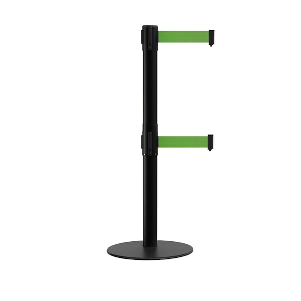 Montour Line Stanchion Dual Belt Barrier Flat Base Black Post 9ft.Green Belt - S400D-BK-GN-90