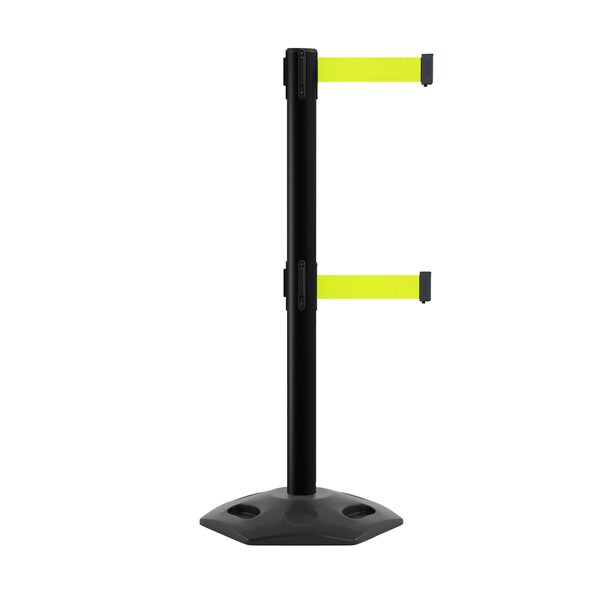 Montour Line Stanchion Dual Belt Barr. Rubber Base Black Post 9ft.Fl.Yel Belt - P400DHDRB-BK-FYW-90