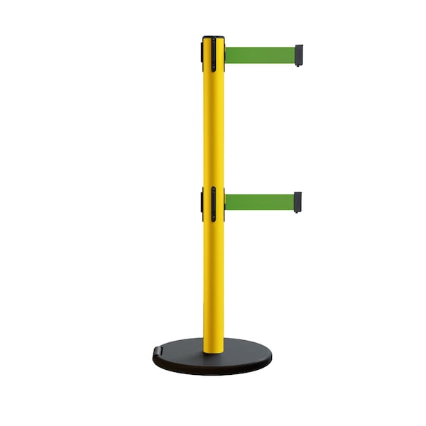 Montour Line Retractable Belt Dbl Rolling Stanchion, 2.5ft Yellow Post  11ft. Green - P400DRL-YW-GN-110