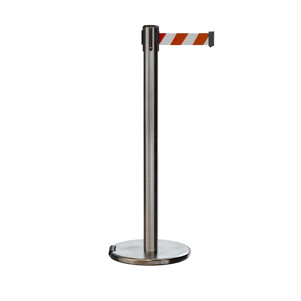 Montour Line Retractable Belt Rolling Stanchion, 2.5ft Sat.Steel Post  11ft. Rd/Wh - P400RL-SS-RWD-110