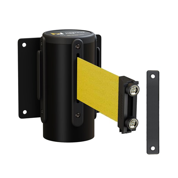 Montour Line Retr. Belt Barrier Fxd Black Metal Wall Mt 8.5' YLW Belt - MWM100-BK-YW-F-M-85