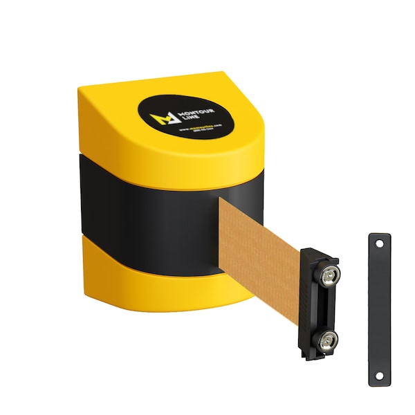 Montour Line Retractable Belt Barrier YW Magnetic Wall Mount 13' Brown Belt (M) - PWM200-YW-BN-M-M-130