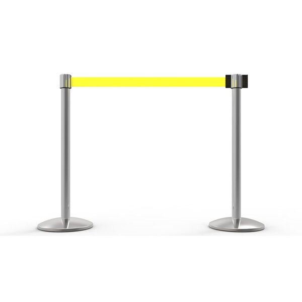 Banner Stakes Retractable Belt Barrier, Yellow, 7 ft Length, Polished Chrome - AL6204C