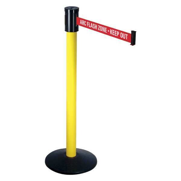 Retracta-Belt Barrier Post with Belt, Yellow, 15 ft Length, 40 in Post Height, ARC Flash Zone - Keep Out, Yellow - 321YA-ARC