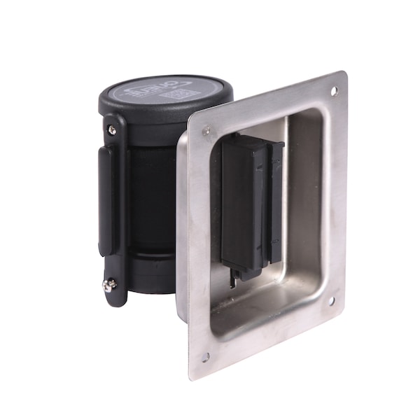 Queue Solutions Recessed Unit, Satin Stain., 13' Blk/White PLEASE WAIT HERE Belt - WPRU-SS-BWWH150