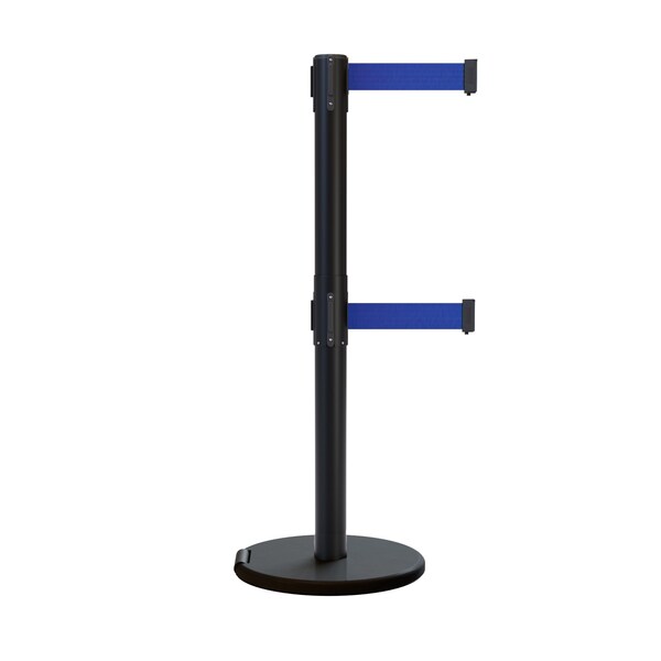 Montour Line Retractable Double Belt Rolling Stanchion, Dark Blue, 9 ft Length, 2.5 ft Post Height - P400DRL-BK-DBL-90