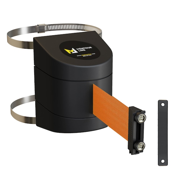 Montour Line Retractable Belt Barrier Black Clamped Wall Mount, 9' Orange Belt (M) - PWM200-BK-OR-C-M-90
