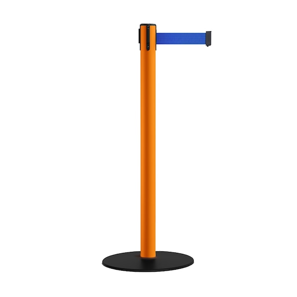 Montour Line Retractable Belt Stanchion, Low Base, 2.5" Orange Post  7.5'Blue Belt - S400-OR-BL-75