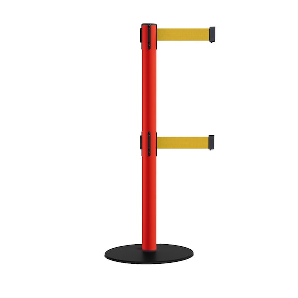 Montour Line Stanchion Dbl Belt Barrier Yellow Post Low Base 13ft. Red Belt - S400D-YW-RD-130