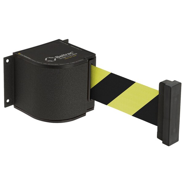 Lavi Industries Wrinkle Black Wall Mount, 18'L Safety Black/Yellow Retractable Belt Barrier - 18/SF/WL/WB/ST