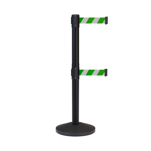 Montour Line Stanchion Dual Belt Barrier Black Post 13ft. Grn/Wh Belt - ES400D-BK-GWD-130
