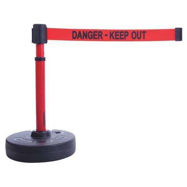 Banner Stakes Barrier Post with Belt, Red, 15 ft Length, 22 in to 42 in Adjustable Post Height, Danger Keep Out - PL4094