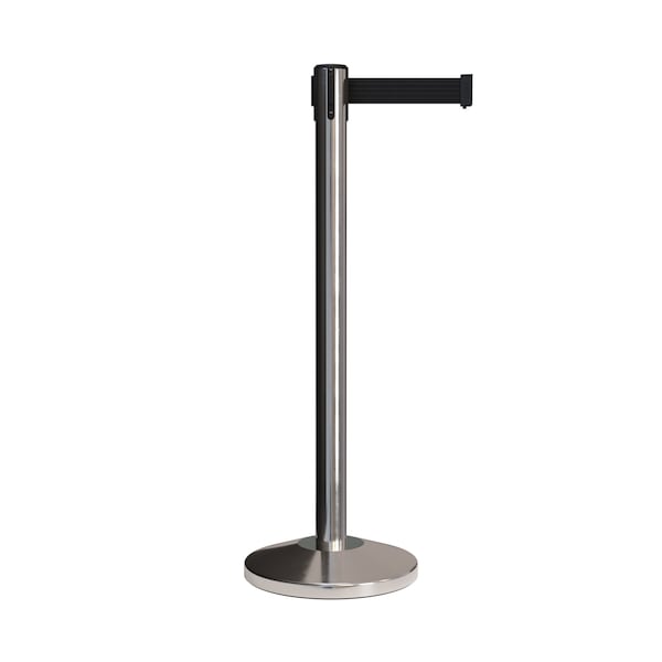 Montour Line Stanchion, Retractable Belt Barrier, Polished Stainless Steel Post, Black Belt, 9 ft. Length - ES400-PS-BK-90