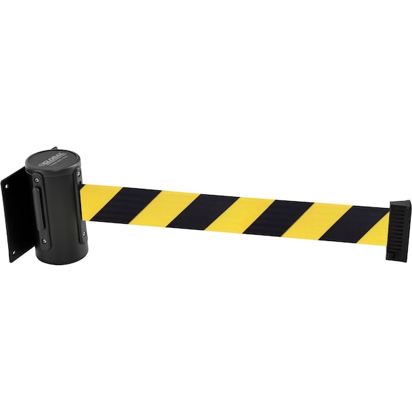 Global Industrial Wall Mount Retractable Belt Barrier, Black Case W/7-1/2' Black/Yellow Belt - 708410YB