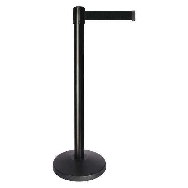 Queueway Barrier Post with Belt, Black, 10 ft Length, 40 in Post Height, No Legend, Powder Coated - QPLUS-33-B9
