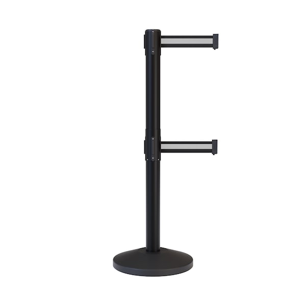 Montour Line Stanchion Dual Belt Barrier Black Post 7.5ftBk/W H Belt - ES400DC-BK-BWH-75