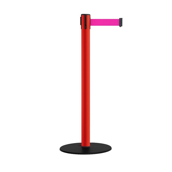 Montour Line Retractable Belt Stanchion, Low Base, 2.5" Red Post  11' Fl.Pnk Belt - S400-RD-FPK-110
