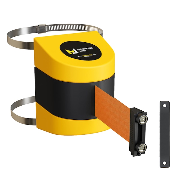 Montour Line Retractable Belt Barrier YW Clamped Wall Mount, 15' Orange Belt (M) - PWM200-YW-OR-C-M-150