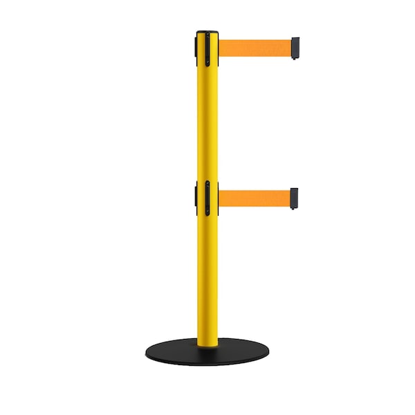 Montour Line Retractable Dbl Belt 2.5" YW Post , Low Base, 11' Fl.Org Belt - S400D-YW-FOR-110