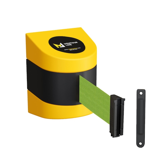 Montour Line Retractable Belt Barrier YW Fixed Wall Mount 20' Olive Belt (F) - PWM300-YW-OL-F-S-200