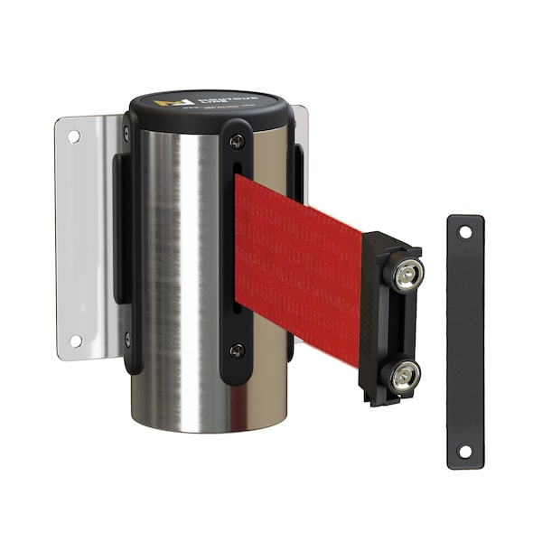 Montour Line Retr. Belt Barrier Fxd Pol. Stainless, Metal Wall Mt 8.5' Red Belt - MWM100-PS-RD-F-M-85