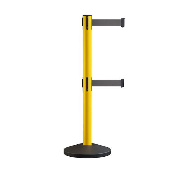 Montour Line Retractable Dbl Belt Rolling Stanchion, 2.5in YW Post  9' Dk Gry Belt - ES400D-YW-DGY-90