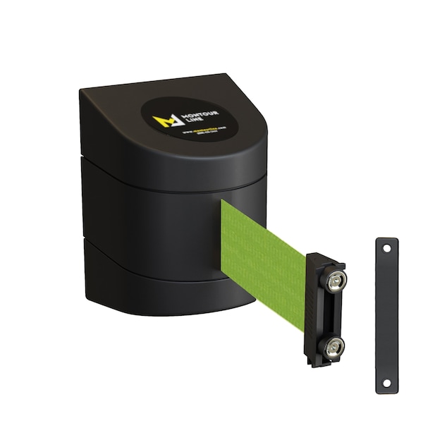 Montour Line Retractable Belt Barrier Black Magnetic Wall Mount 13' Olive Belt (M) - PWM200-BK-OL-M-M-130