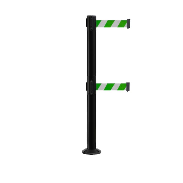 Montour Line Stanchion Dual Belt Barrier Fixed Base Black Post 7.5ftGrn/Wh Belt - P400DF-BK-GWD-75