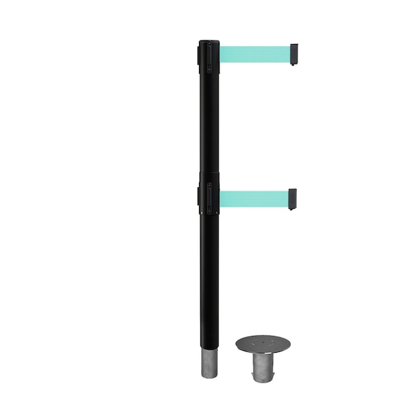 Montour Line Stanchion Dual Belt Bar.Removable Base Black Post 9ft.Lt Grn Belt - P400DR-BK-LGN-90