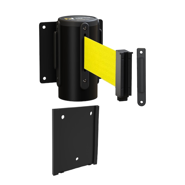 Montour Line Retr. Belt Barrier Removable Black Metal Wall Mnt 11ft Fl.Yel Belt (F) - WM115-BK-FYW-RM-S-110